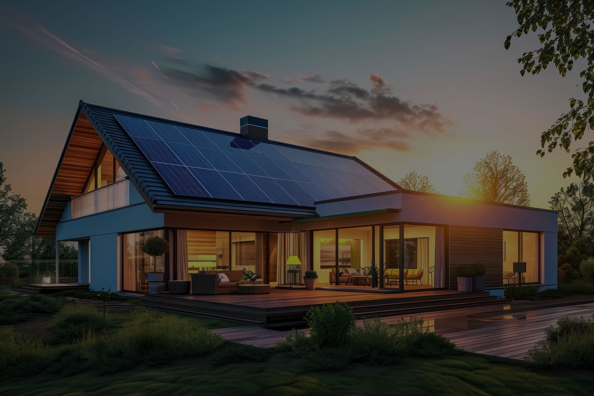 Maison contemporaine au soleil couchant avec baies vitrées lumineuses et terrasse bois, toiture équipée par Alpha Solaire, installateur RGE panneaux solaires Drôme Ardèche Loire.