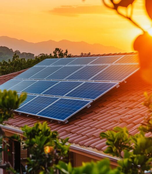Soleil couchant pour une toiture avec des panneaux solaires et montagnes, par Alpha SOlaire, installateur RGE panneaux solaires Ardèche.