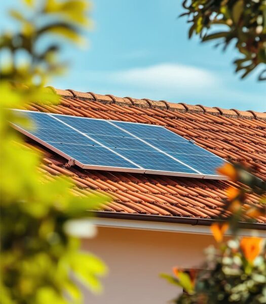 Ciel bleu pour une toiture maison avec 6 cellules panneaux solaires par Alpha Solaire, installateur RGE panneaux solaires Loire.