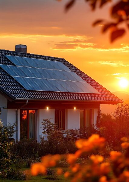 Maison au soleil couchant avec 3 fenêtre et des panneaux solaires sur le toit par Alpha Solaire, installateur RGE panneaux solaires Drôme Ardèche.