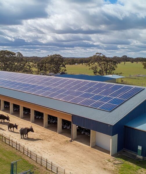 Installation panneau solaire entreprise pour un bâtiment agricole avec bétail devant.