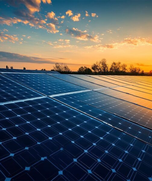 Une réalisation au soleil couchant par Alpha Solaire, installateur de panneaux solaires photovoltaïques bâtiments tertiaires