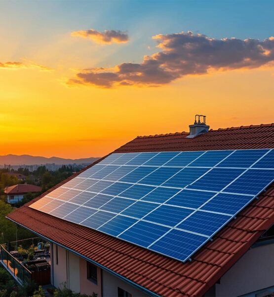 Alpha solaire, installation de panneaux solaires particulier sur toiture au soleil couchant.